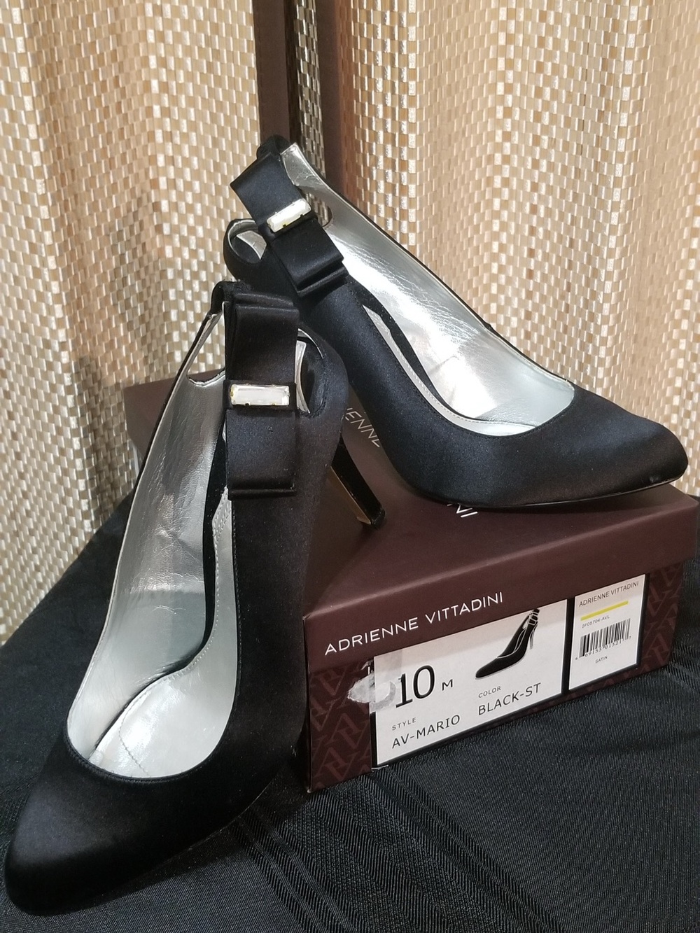 Adrienne Vittadini Black Satin Bow Strap Pumps